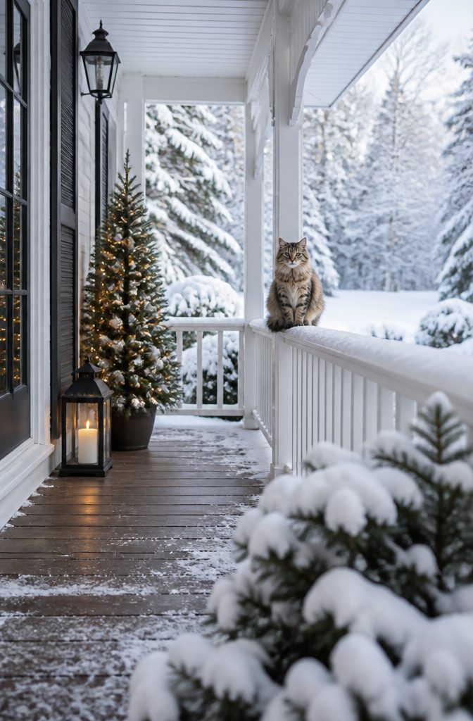 A cat placed in a digital snowy scene with a winter porch.
