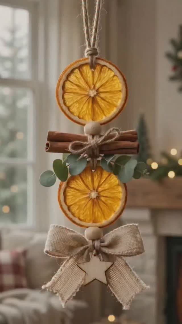 A hanging Christmas ornament made of dried orange slices, cinnamon sticks, eucalyptus, and a burlap bow.