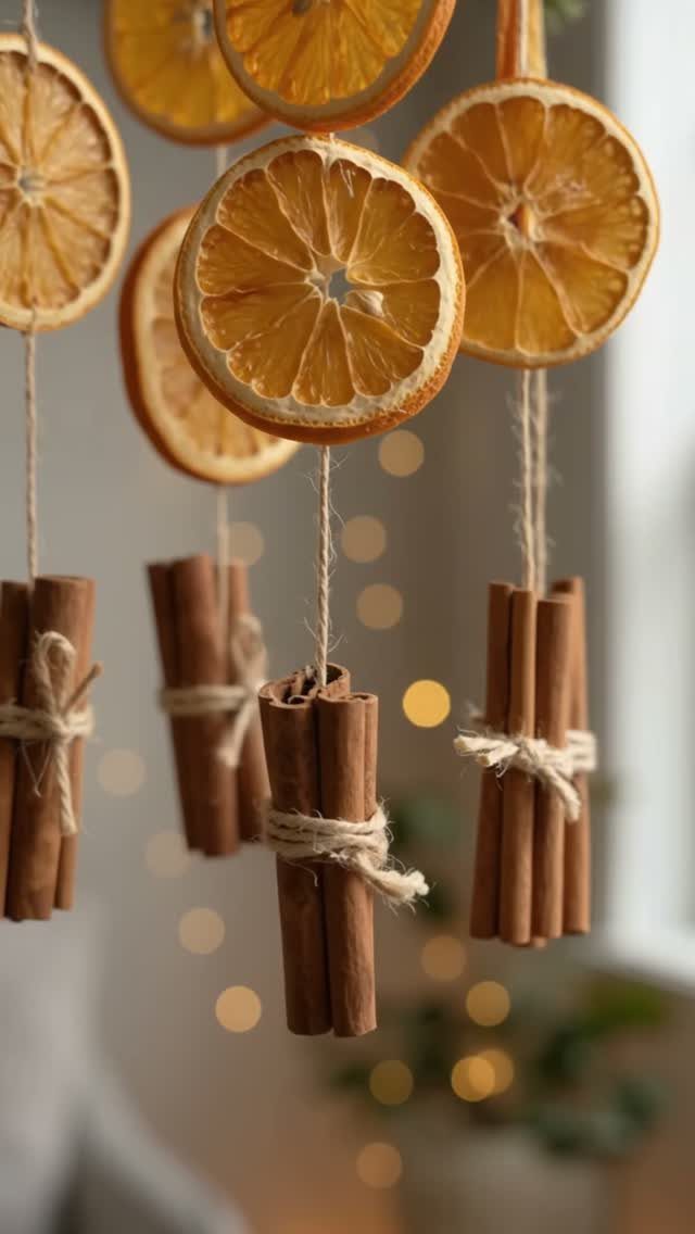 Dried orange slices and cinnamon stick bundles hanging as ornaments with warm bokeh lights in the background.