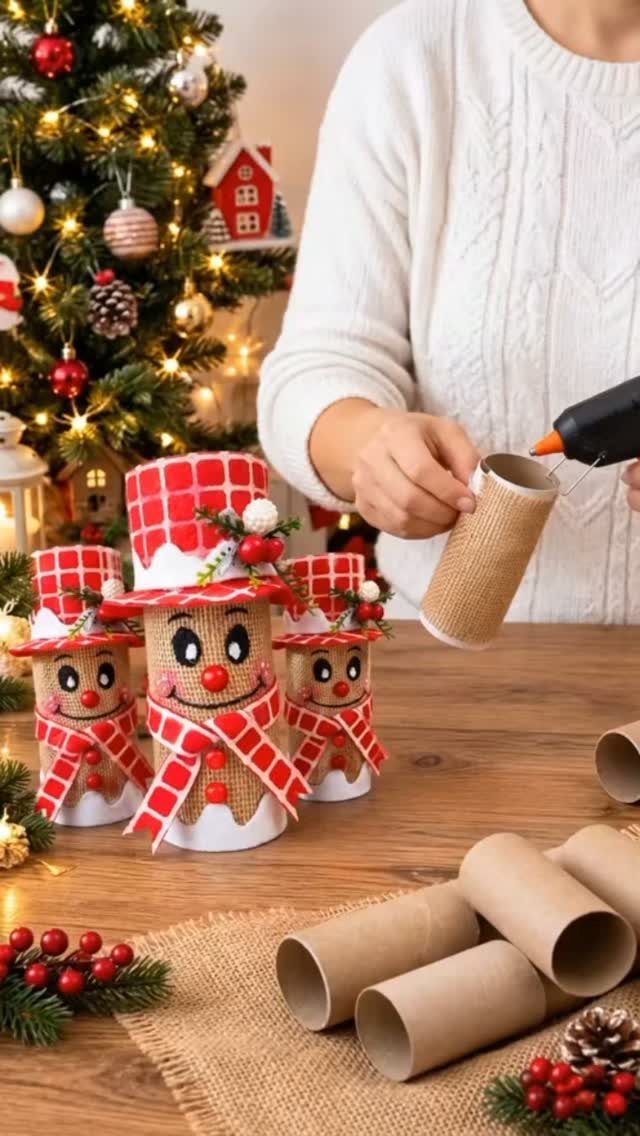 12 Christmas Family Craft Ideas: Projects for All Ages 10 Hands decorating a cardboard tube with burlap to make a snowman craft near a Christmas tree.