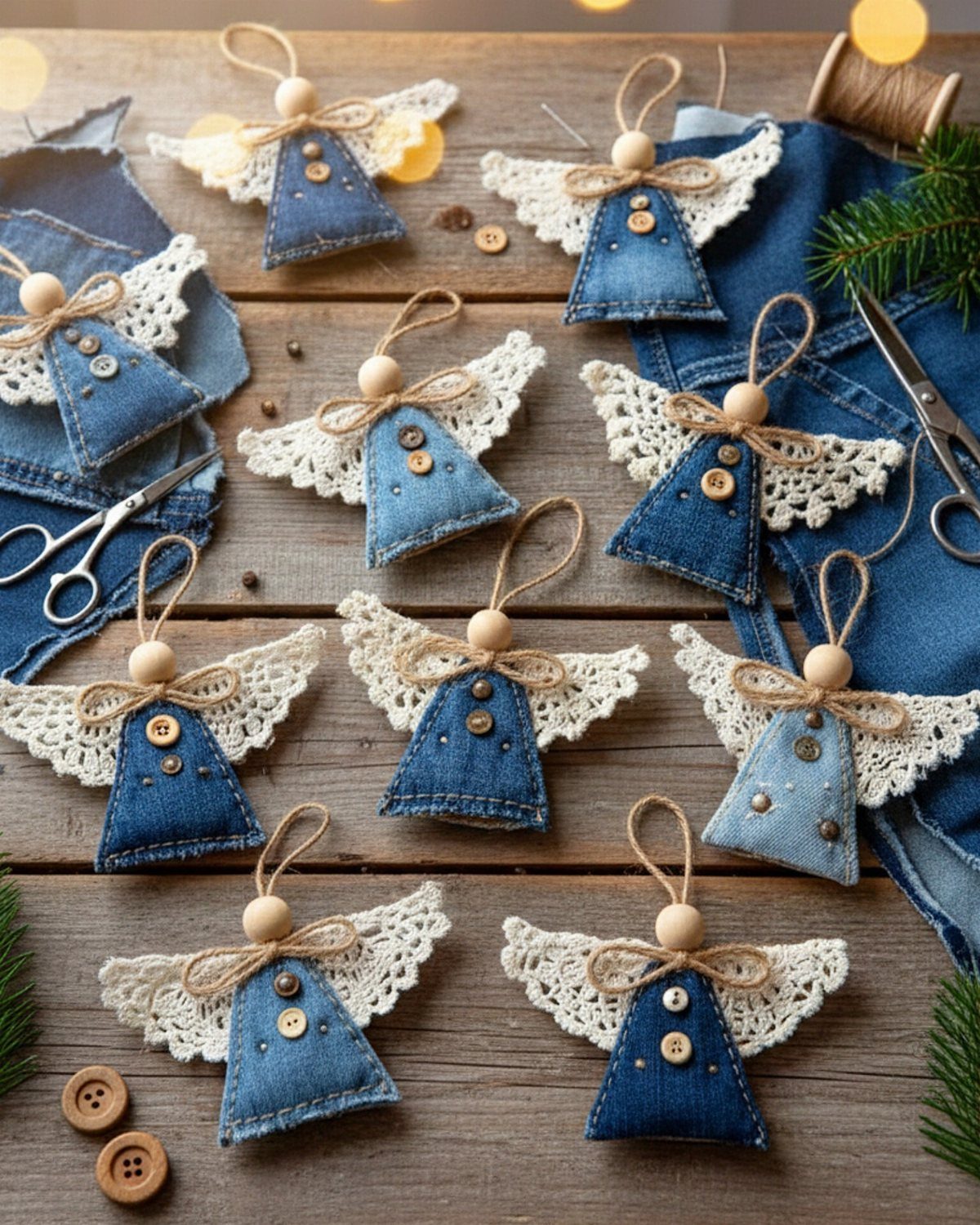 12 Christmas Family Craft Ideas: Projects for All Ages 11 Denim angel ornaments with lace wings and wooden bead heads lying on a wooden table.