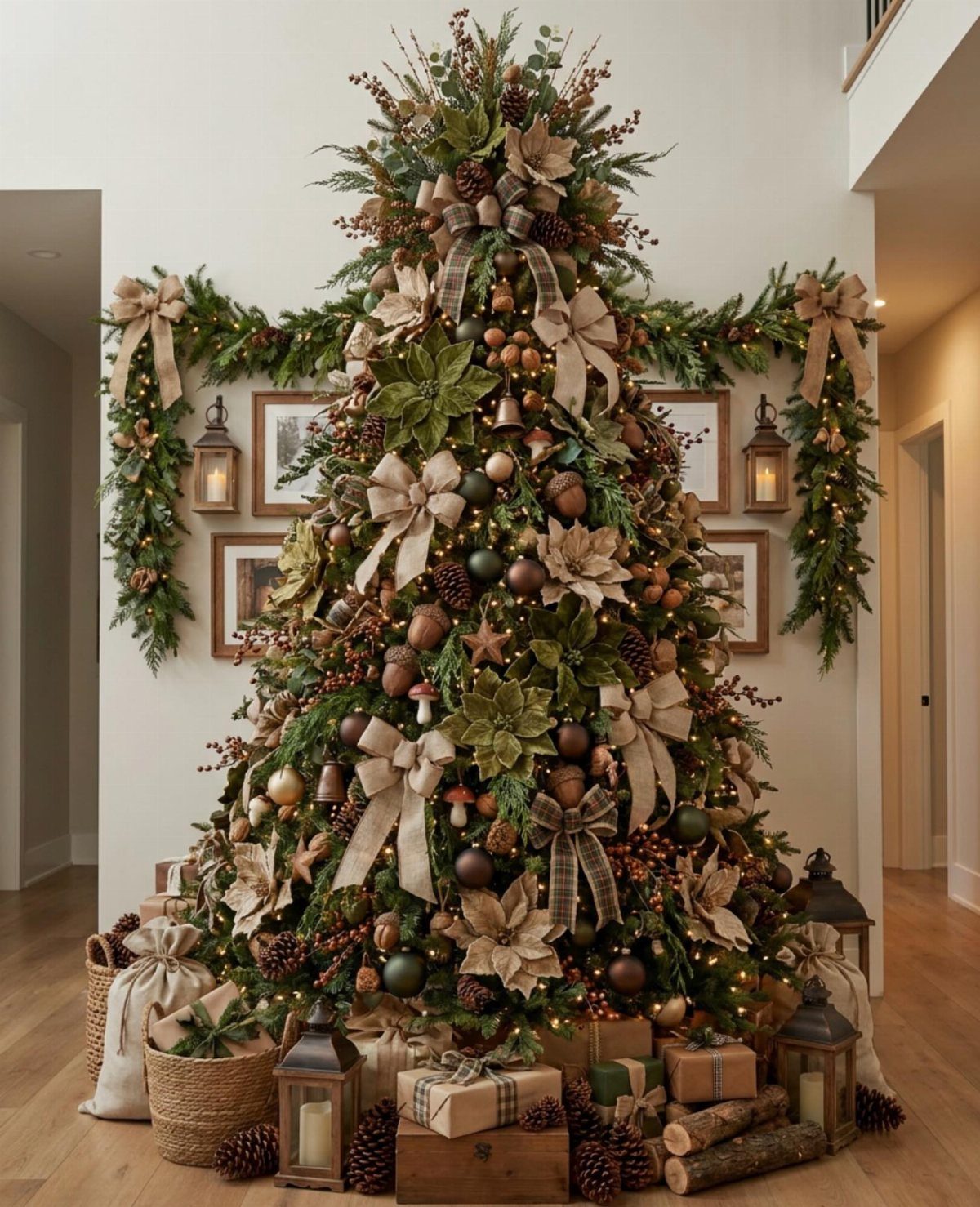 A decorated Christmas tree with burlap bows, pinecones, and warm lights surrounded by gifts.
