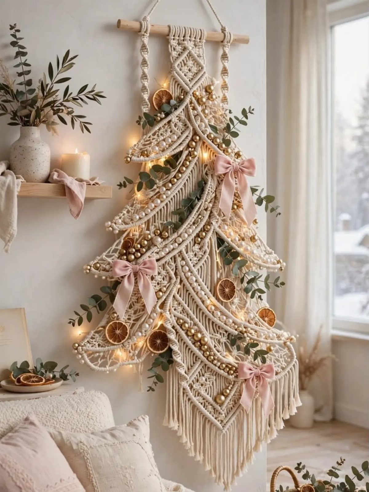 Macrame Christmas tree wall hanging decorated with pink bows, greenery, and fairy lights.