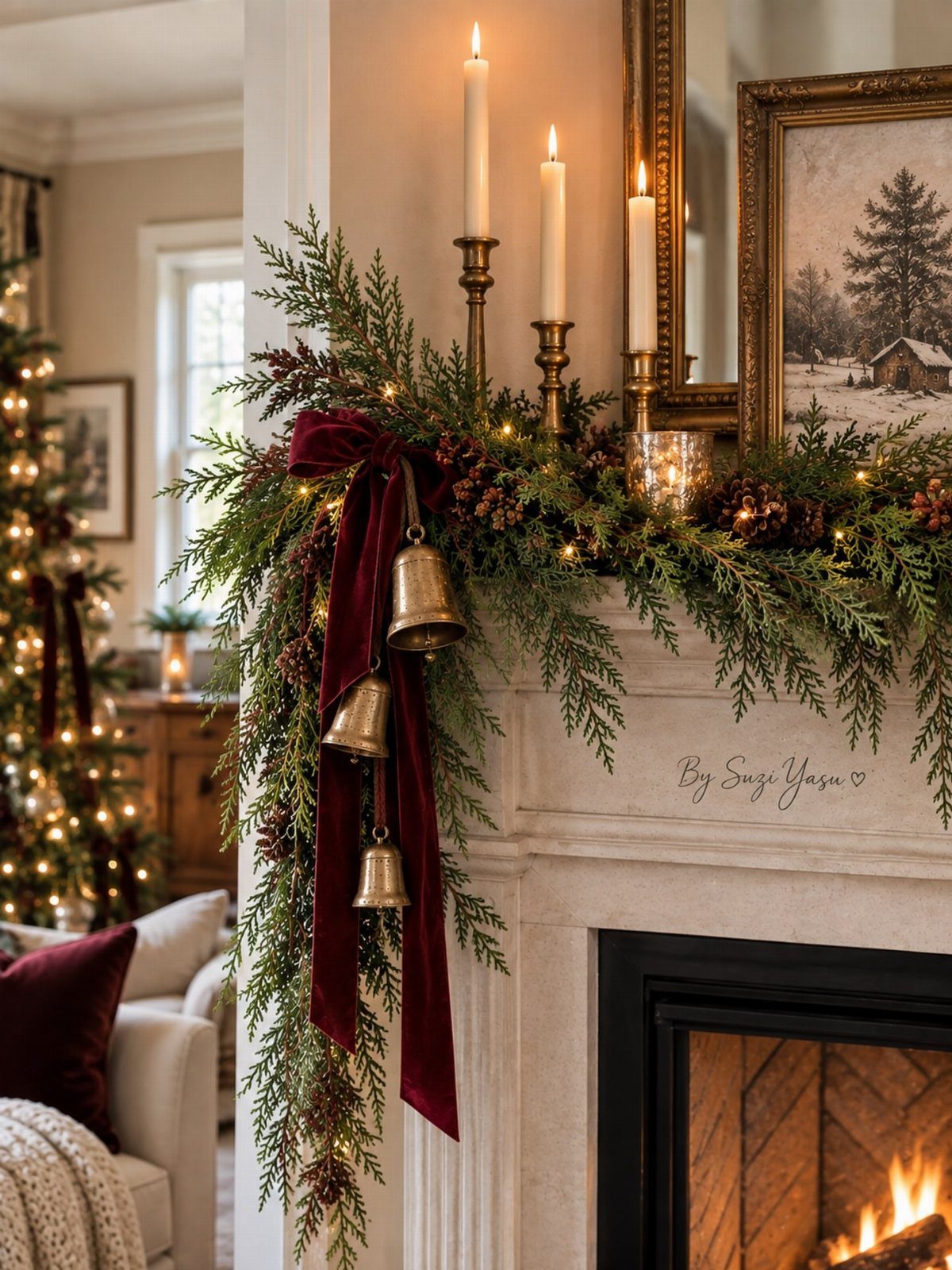 Evergreen garland with burgundy ribbon and gold bells decorating a white fireplace mantel with lit candles.