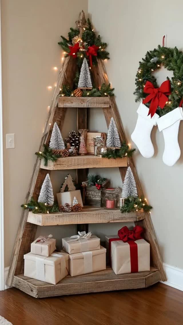 Wooden triangular shelf decorated with greenery, lights, and gifts against a neutral wall.
