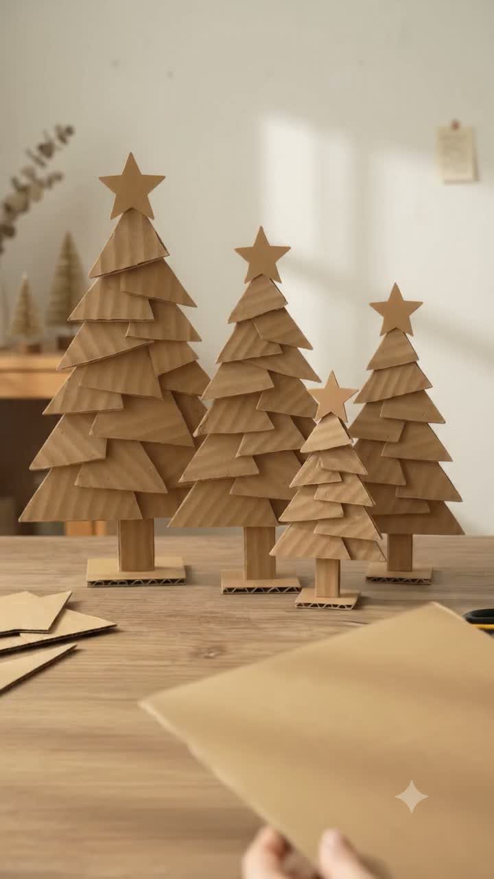 Four cardboard Christmas trees of varying sizes standing on a wooden surface.