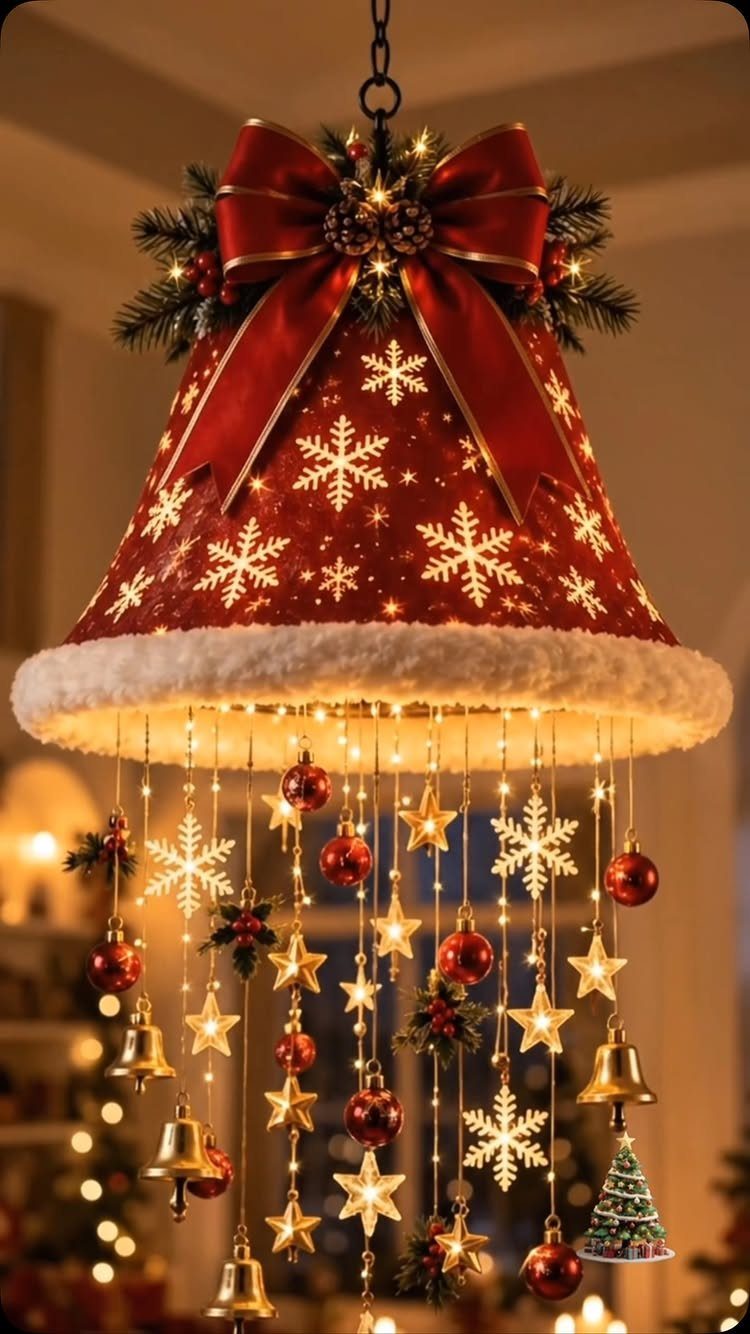 A red bell-shaped Christmas chandelier decorated with snowflakes, a large bow, and hanging ornaments.