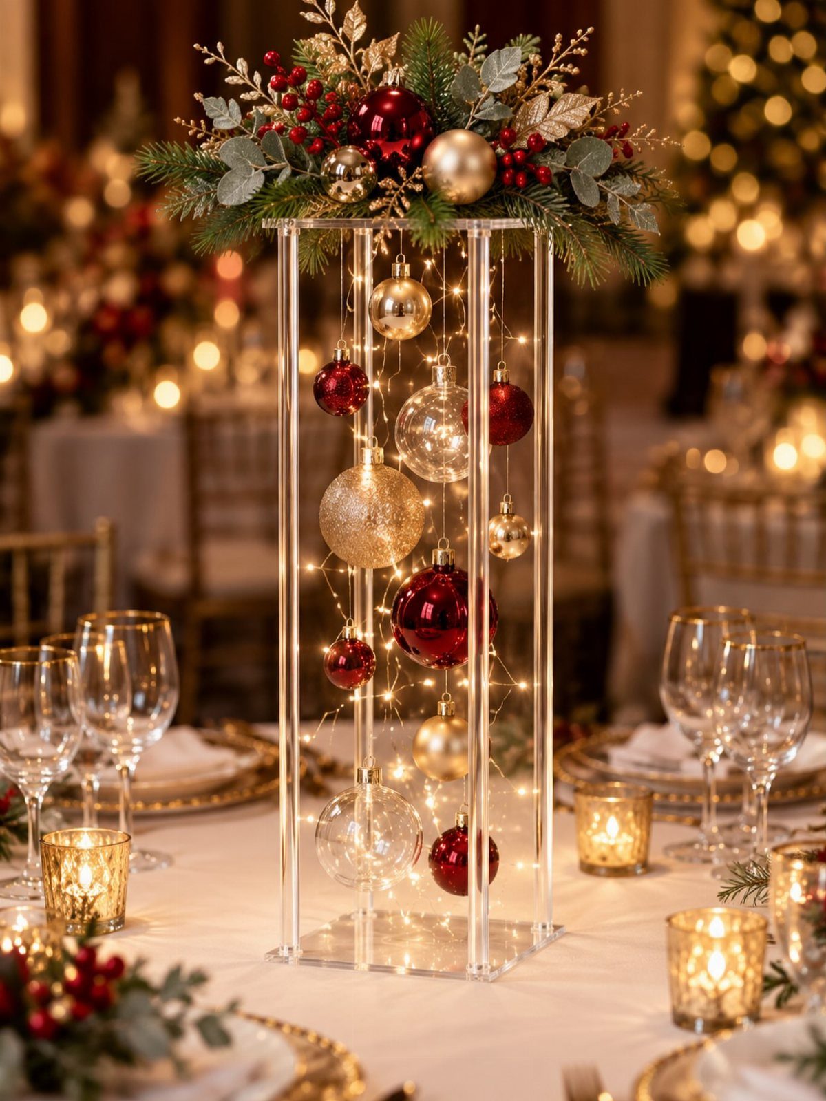 Clear acrylic centerpiece filled with hanging ornaments and fairy lights on a festive table.