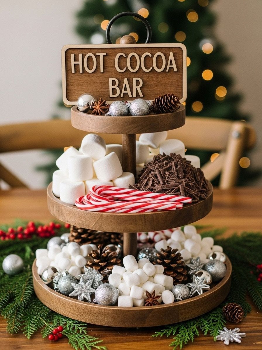 A three-tiered wooden tray filled with marshmallows, chocolate, candy canes, and festive ornaments.