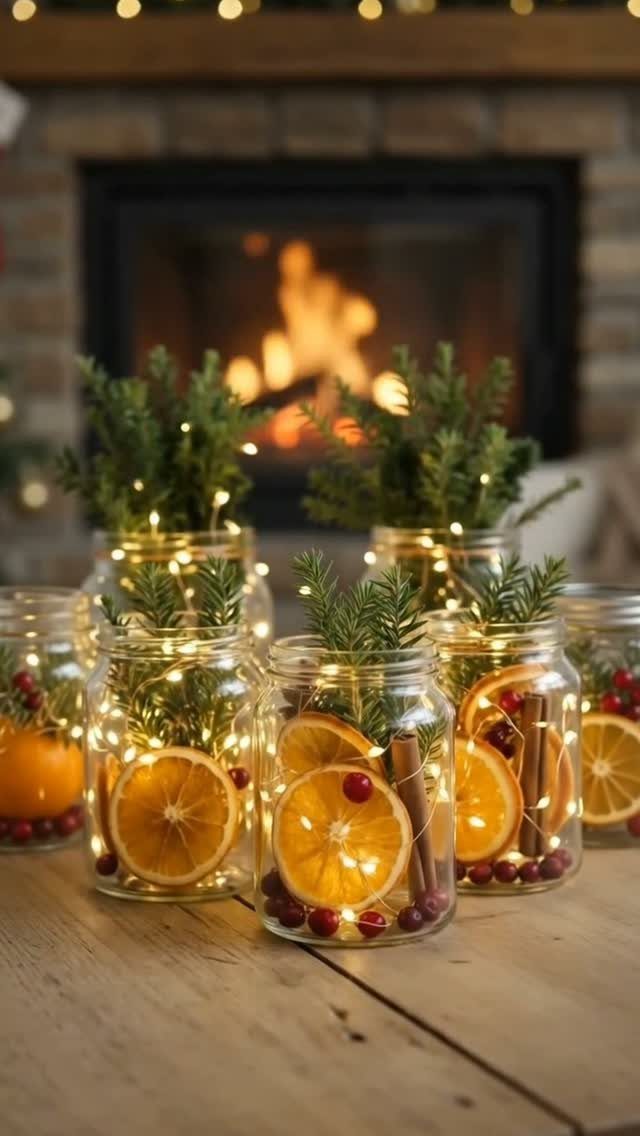 Mason jars filled with evergreen branches, dried oranges, cinnamon, and fairy lights on a wooden table.