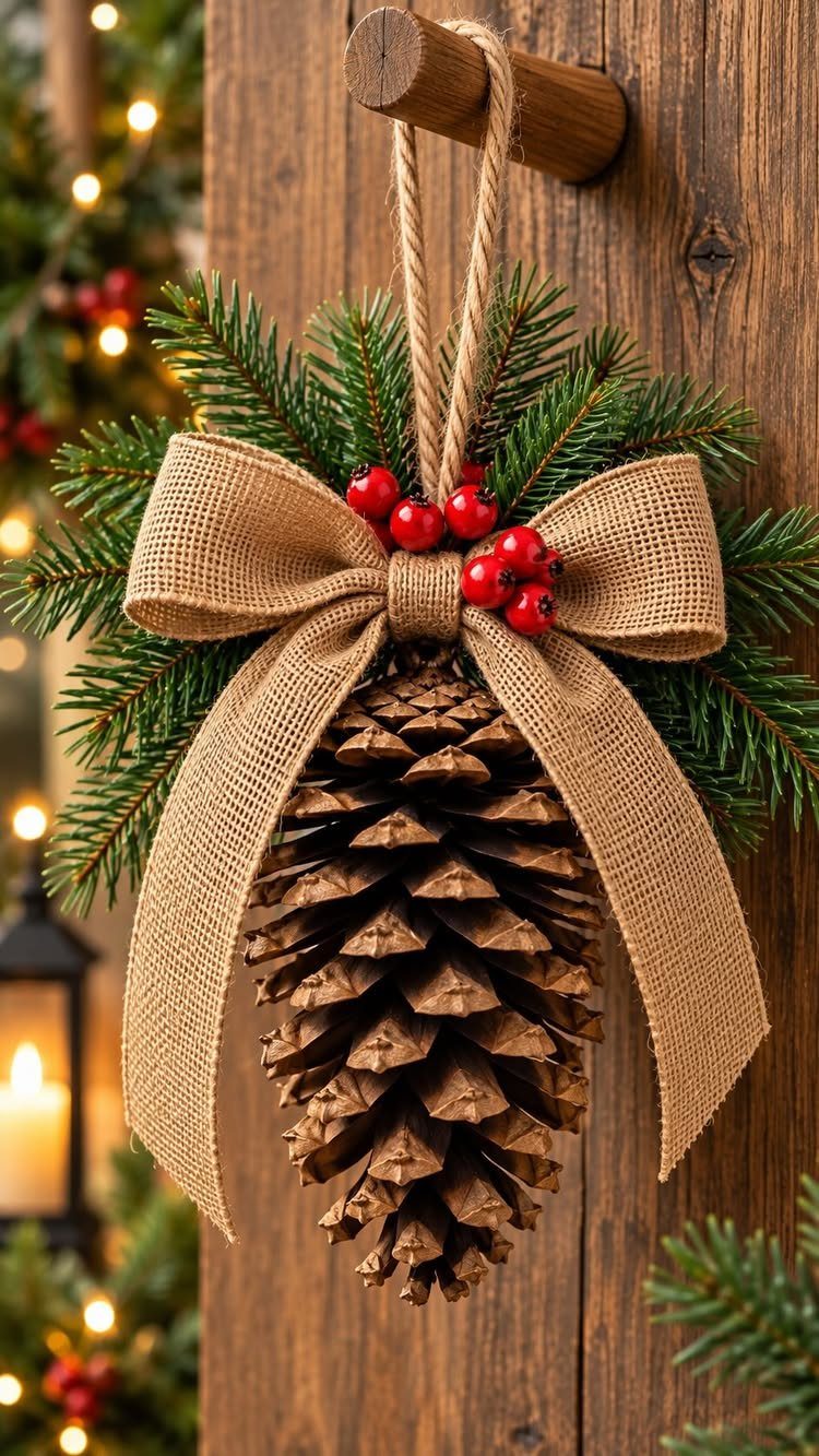 A large pinecone ornament decorated with a burlap bow and red berries hanging on a wooden wall.