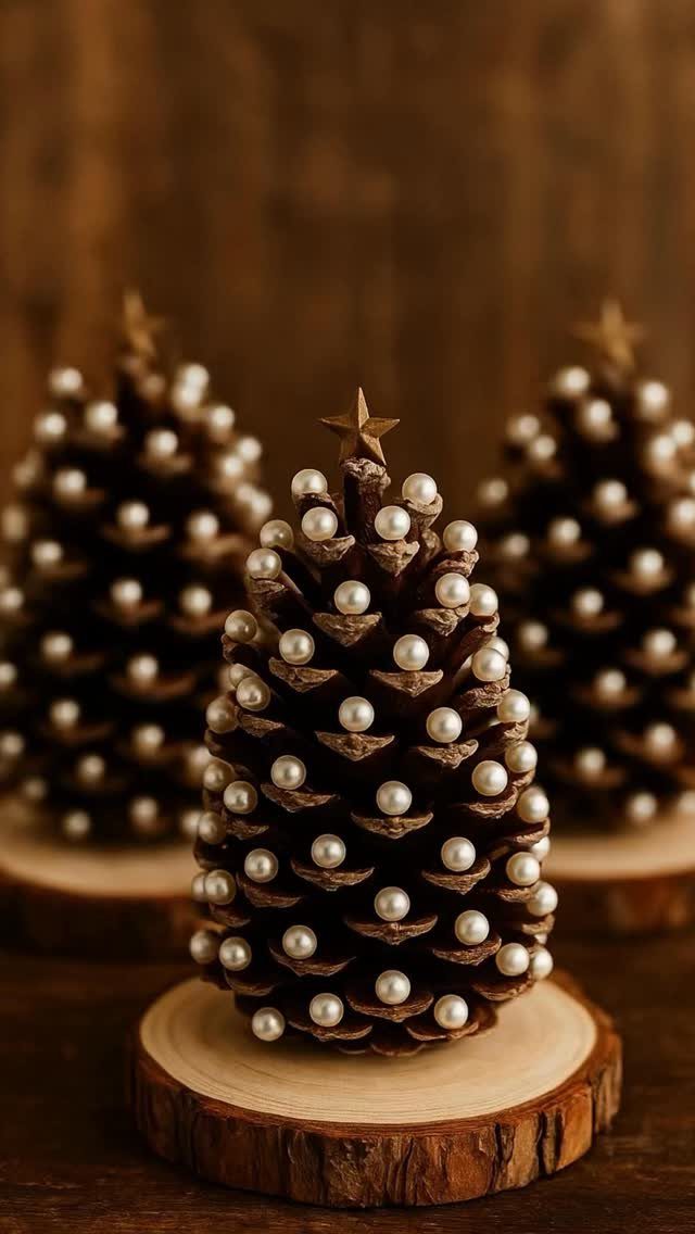 Three pinecone Christmas trees decorated with white pearls and gold stars on wooden bases.