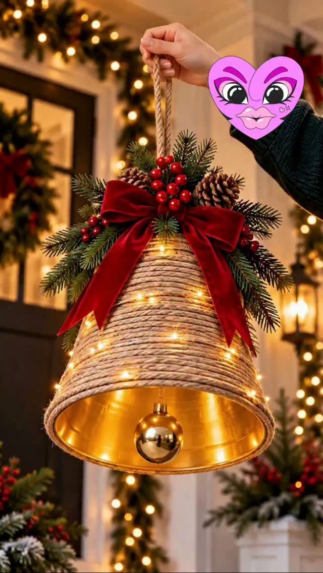 A large rope-wrapped bell decoration with red berries, pine branches, and a red bow.