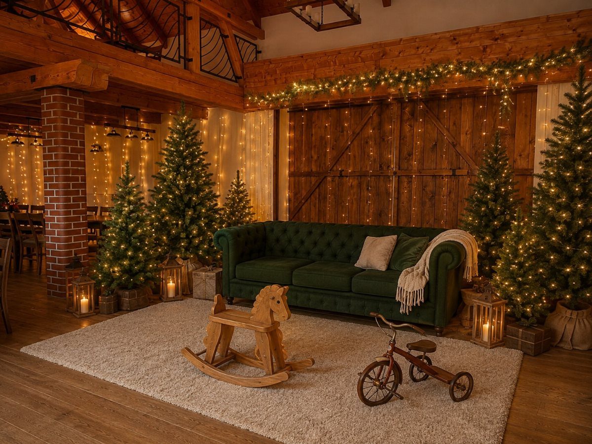 A wooden rocking horse sits on a white rug in a room decorated for Christmas.