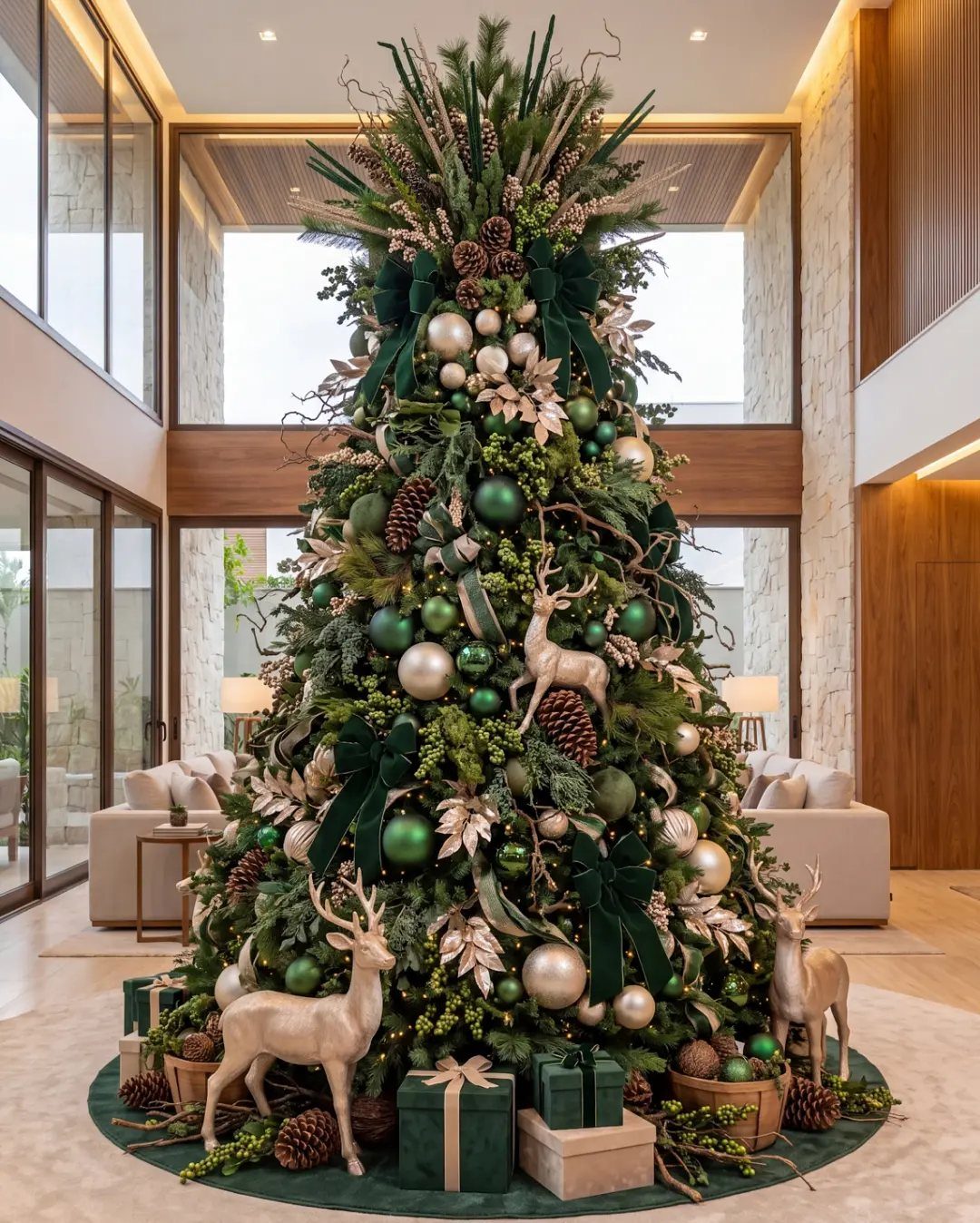 11 Classic Christmas Decor Ideas for Every Room in Your Home 4 A large decorated Christmas tree featuring green ornaments, reindeer figurines, and pinecones in a modern room.