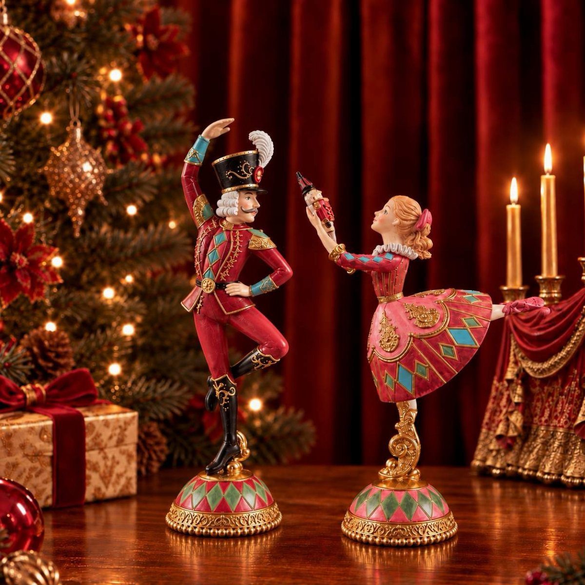11 Classic Christmas Decor Ideas for Every Room in Your Home 8 Ornate soldier and ballerina figurines standing on a wooden table near a Christmas tree.