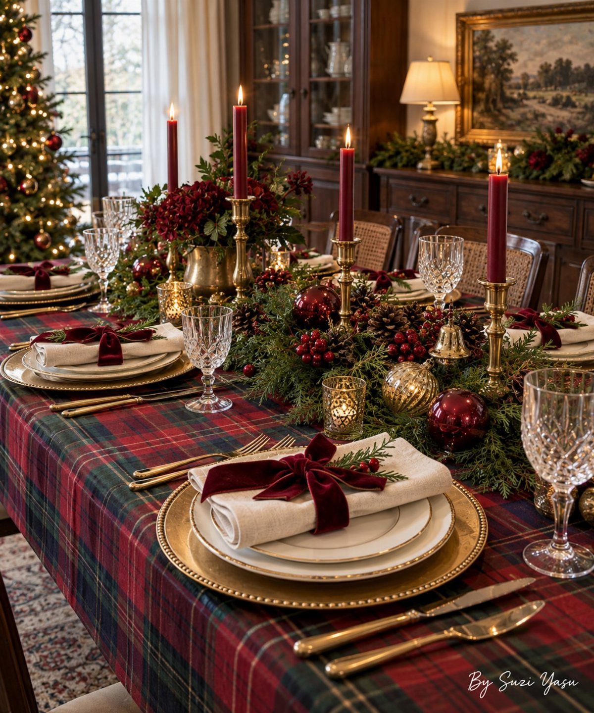 11 Classic Christmas Decor Ideas for Every Room in Your Home 7 A festive dining table set with plaid cloth, greenery, red berries, and gold accents.