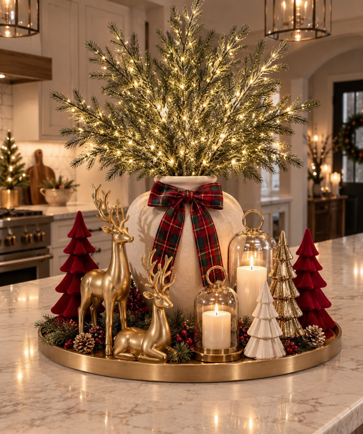 11 Classic Christmas Decor Ideas for Every Room in Your Home 5 Festive holiday centerpiece with gold reindeer, lighted greenery, and glass lanterns with candles on a tray.