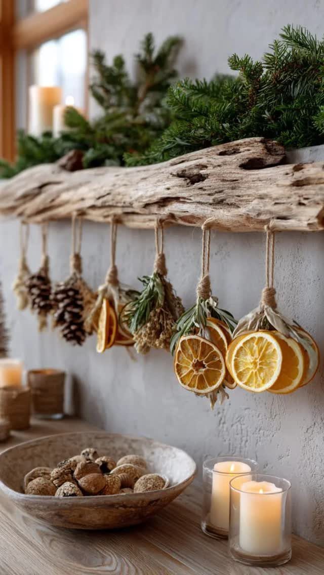 11 Classic Christmas Decor Ideas for Every Room in Your Home 9 Dried orange slices, pinecones, and greenery bundles hanging from a rustic piece of driftwood.