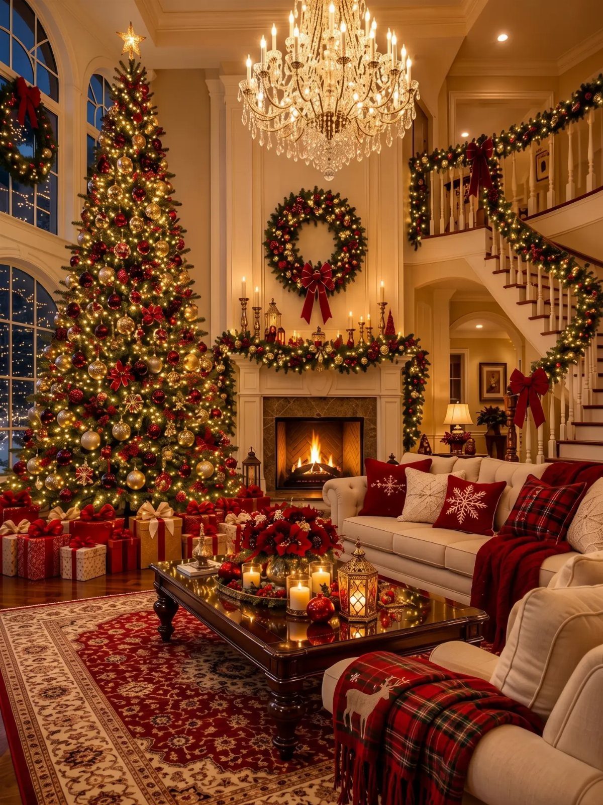 11 Classic Christmas Decor Ideas for Every Room in Your Home 10 A decorated Christmas living room with a large tree, fireplace, and sofa with plaid pillows.