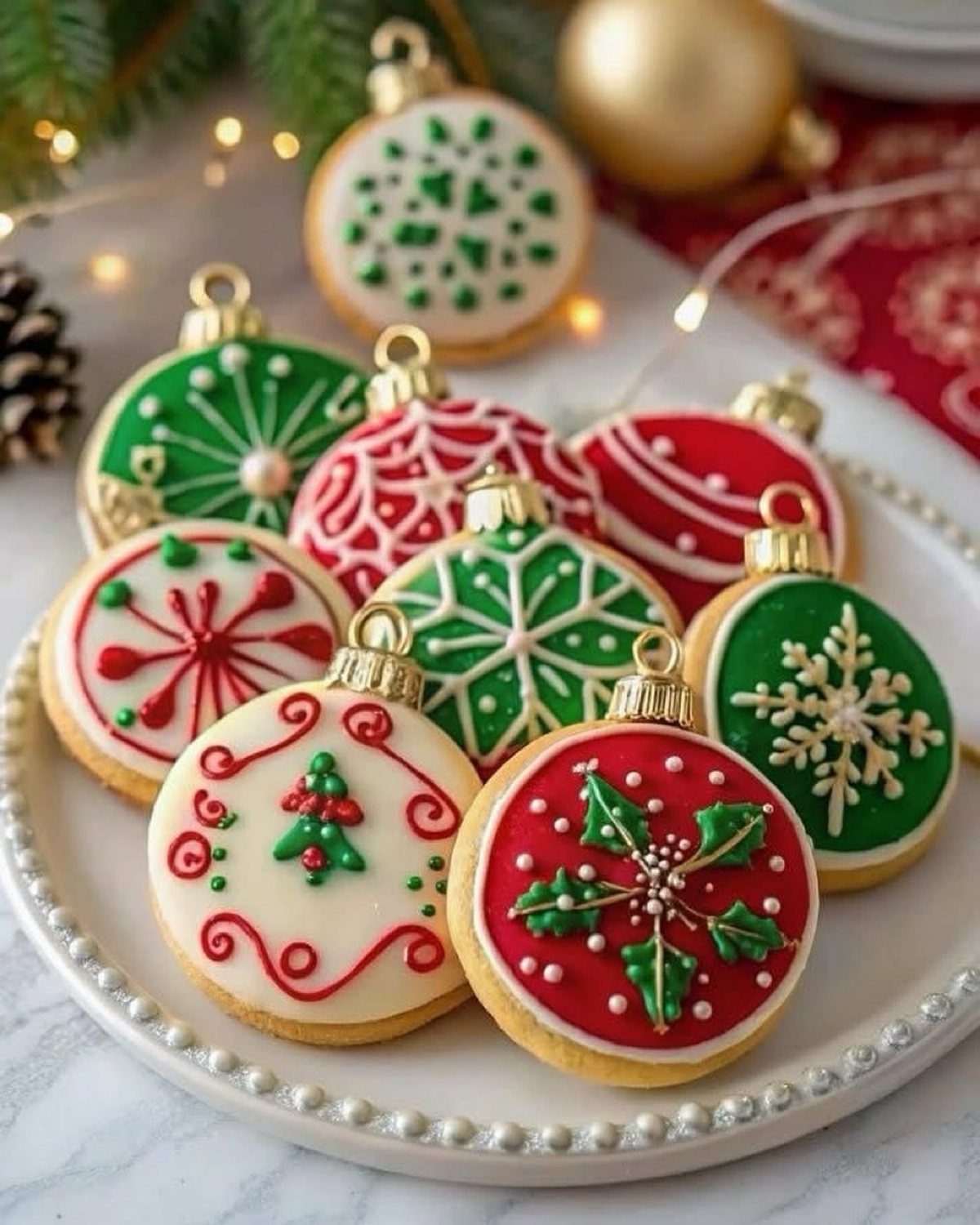 Decorated Christmas cookies with red and green icing patterns arranged on a white platter.
