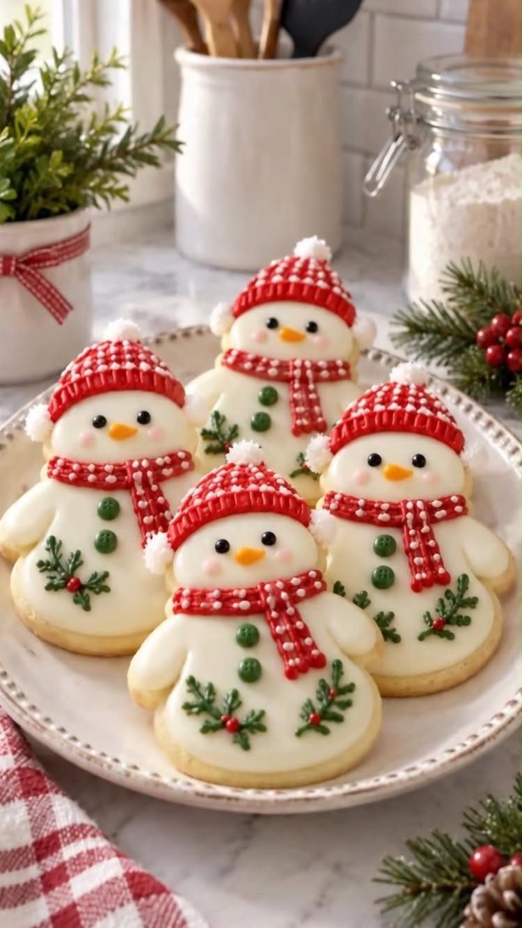 Five decorated snowman cookies with red checkered hats and scarves on a white plate.