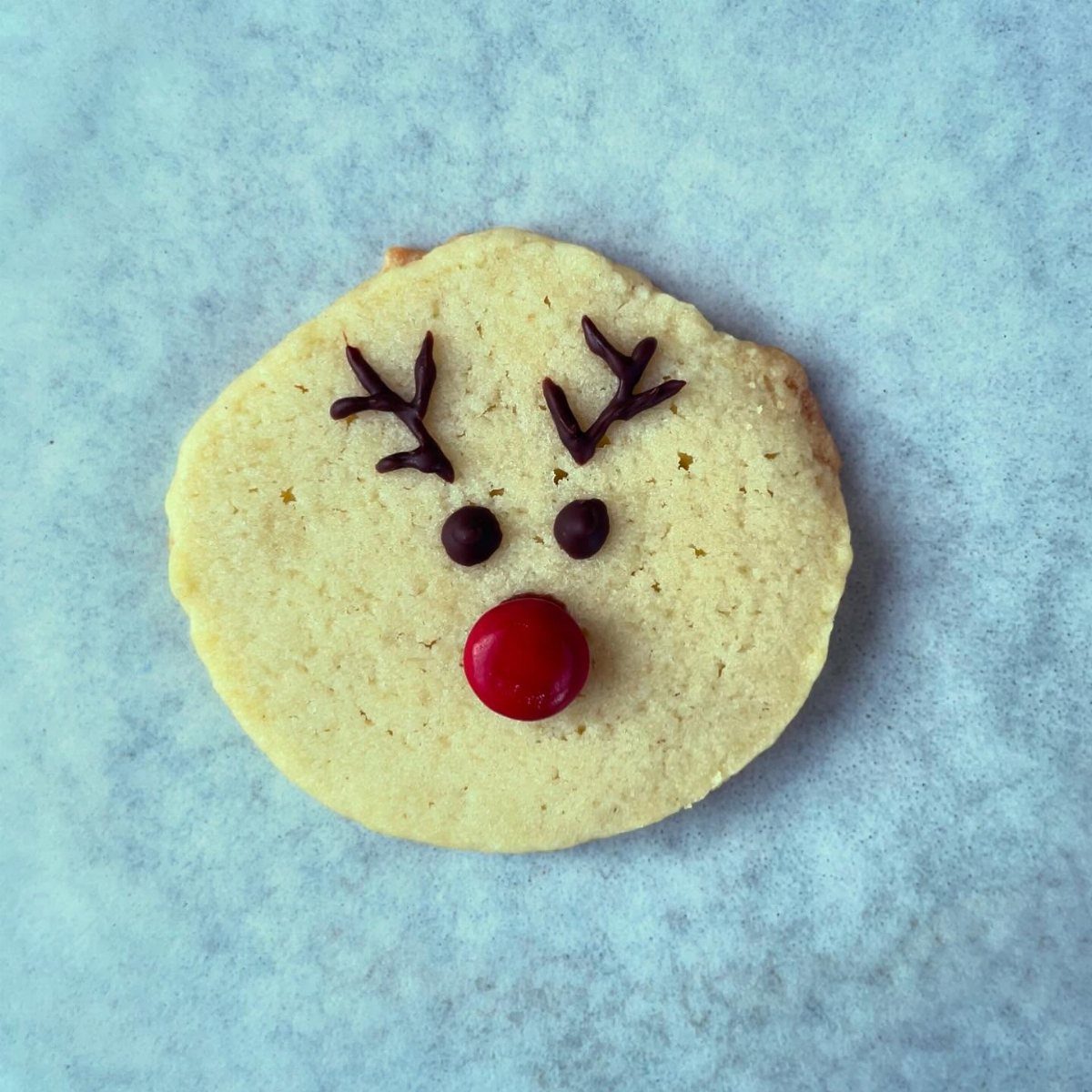 A round cookie decorated with chocolate antlers, chocolate eyes, and a red candy nose to resemble a reindeer.
