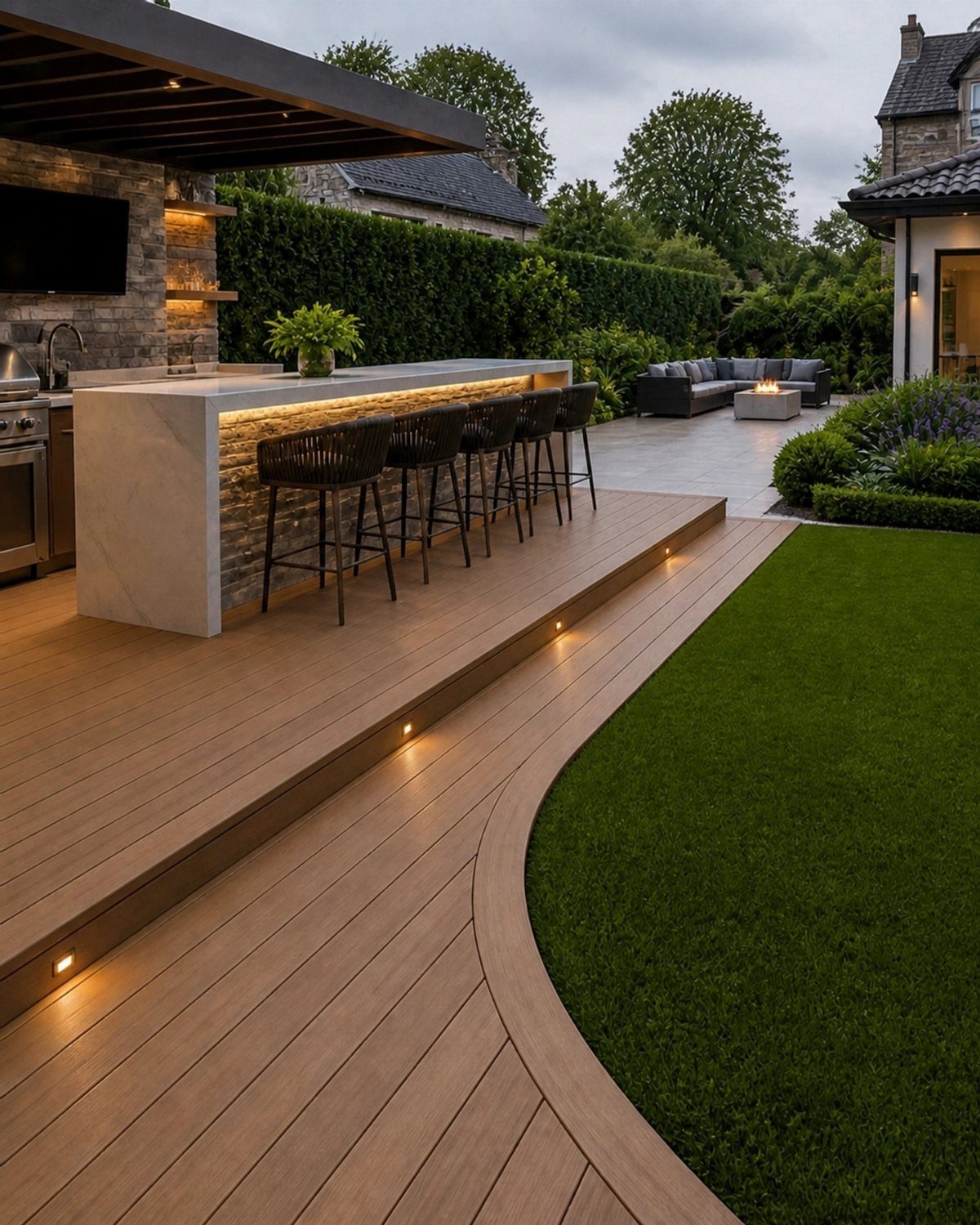 A curved wooden outdoor deck with built-in lighting and a stone bar area.