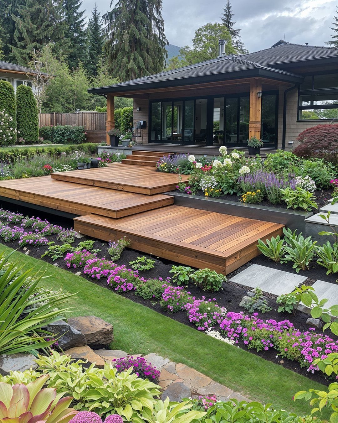 Multi-level wooden deck platforms surrounded by colorful flower gardens and lush greenery near a modern home.