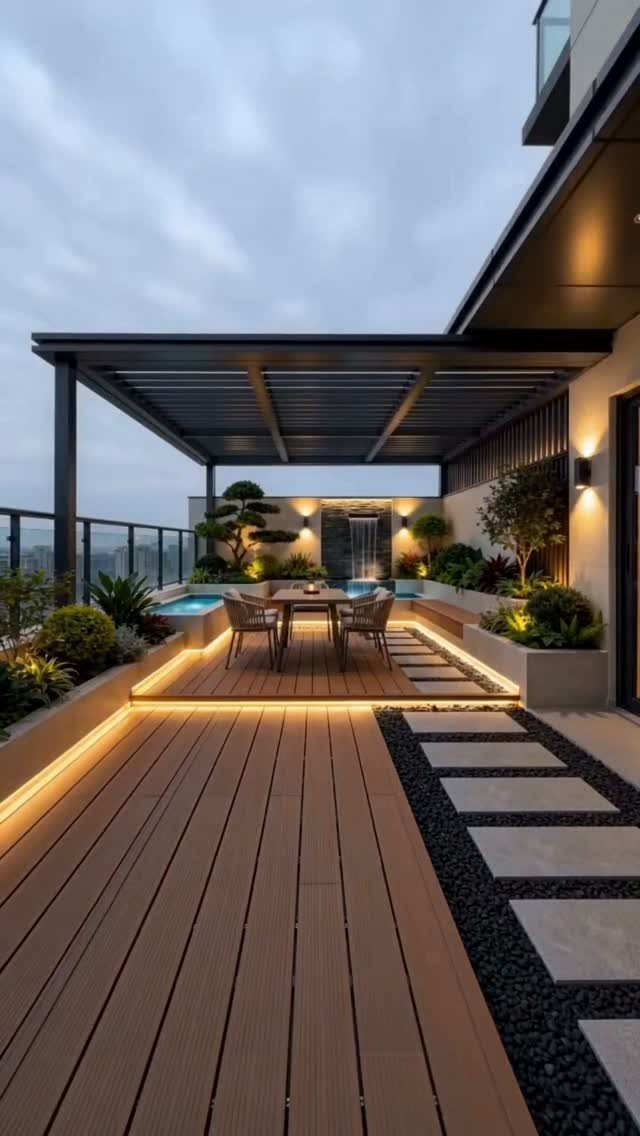 Modern rooftop deck with wooden flooring, integrated lighting, dining area, and city skyline view.