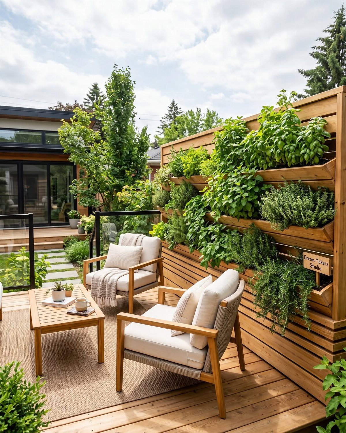 Wooden deck with armchairs and a vertical wooden planter wall filled with green plants.