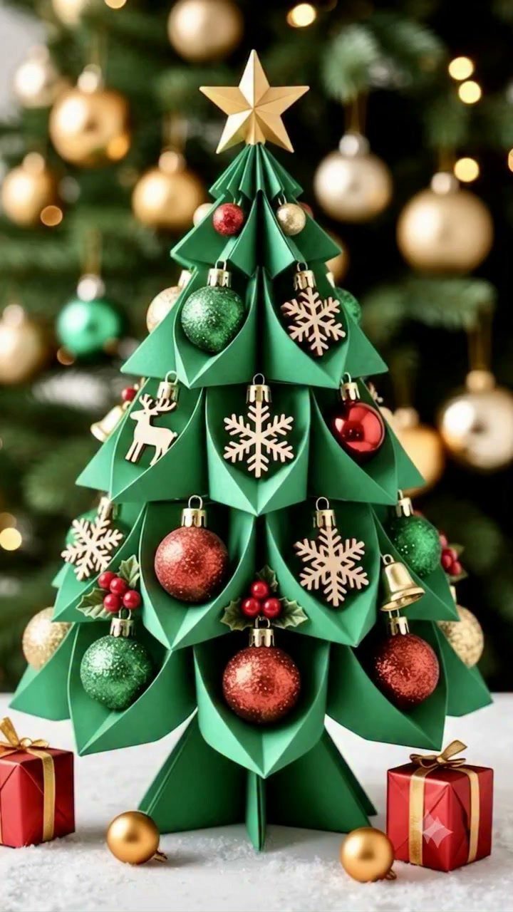 A green folded paper origami Christmas tree decorated with ornaments and a gold star topper.