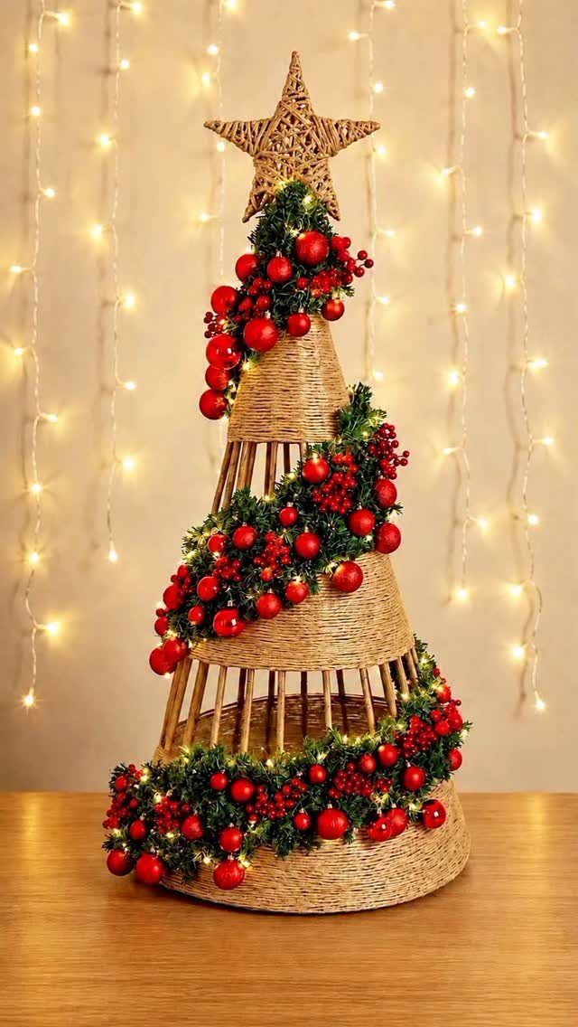 A conical wicker Christmas tree decorated with red berries and ornaments under glowing fairy lights.