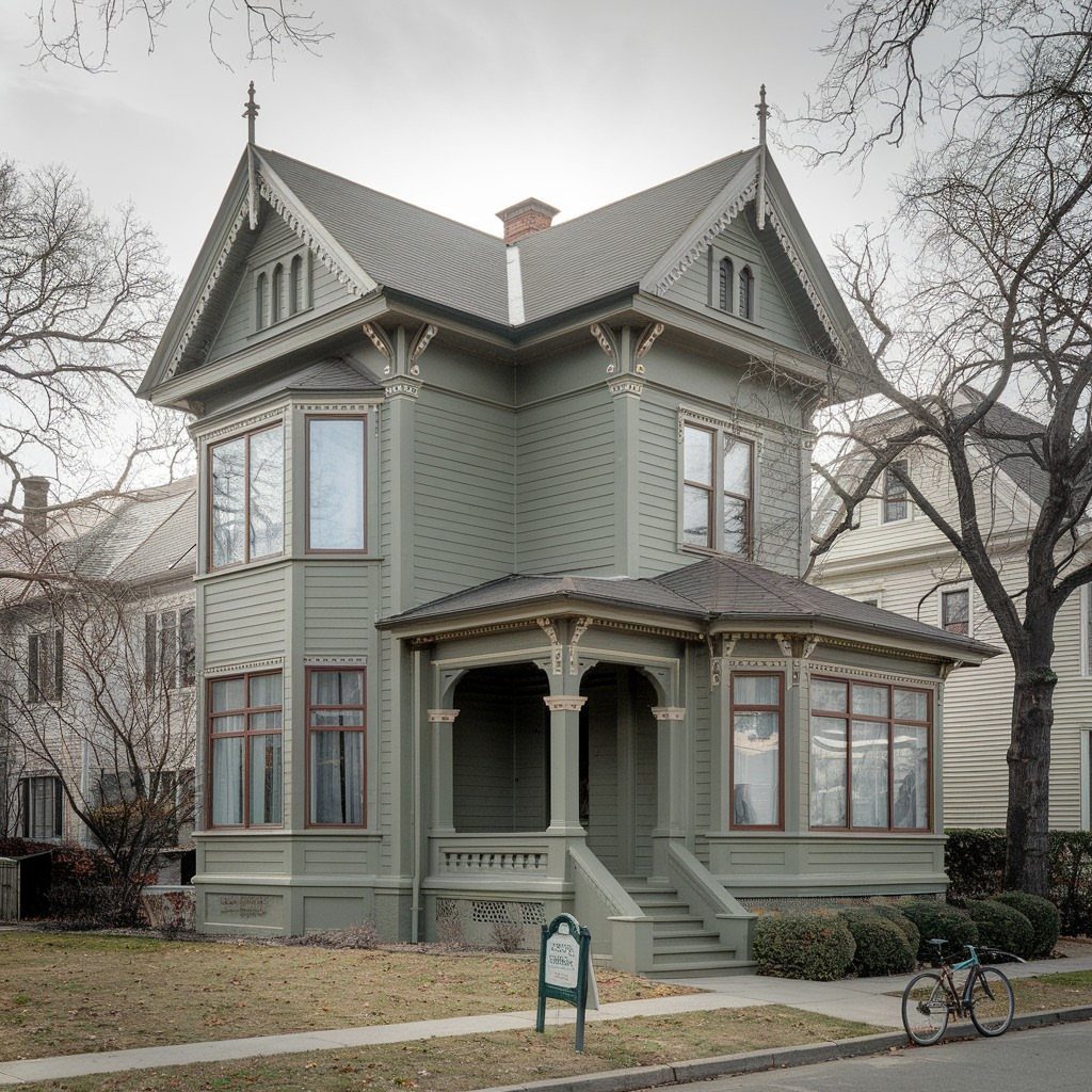 Exterior Color Ideas for 6 Home Styles 5 A sage green Victorian house with ornate architectural details and large bay windows under a cloudy sky.