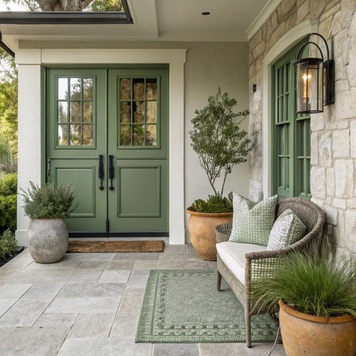 Exterior Color Ideas for 6 Home Styles 6 Sage green double doors and window shutters on a stone house porch with patio furniture.