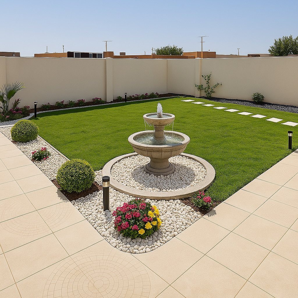 16 Front Lawn Landscaping Ideas for Curb Appeal 13 A stone fountain sits in a circular pebble bed surrounded by a green lawn and stone pavers.