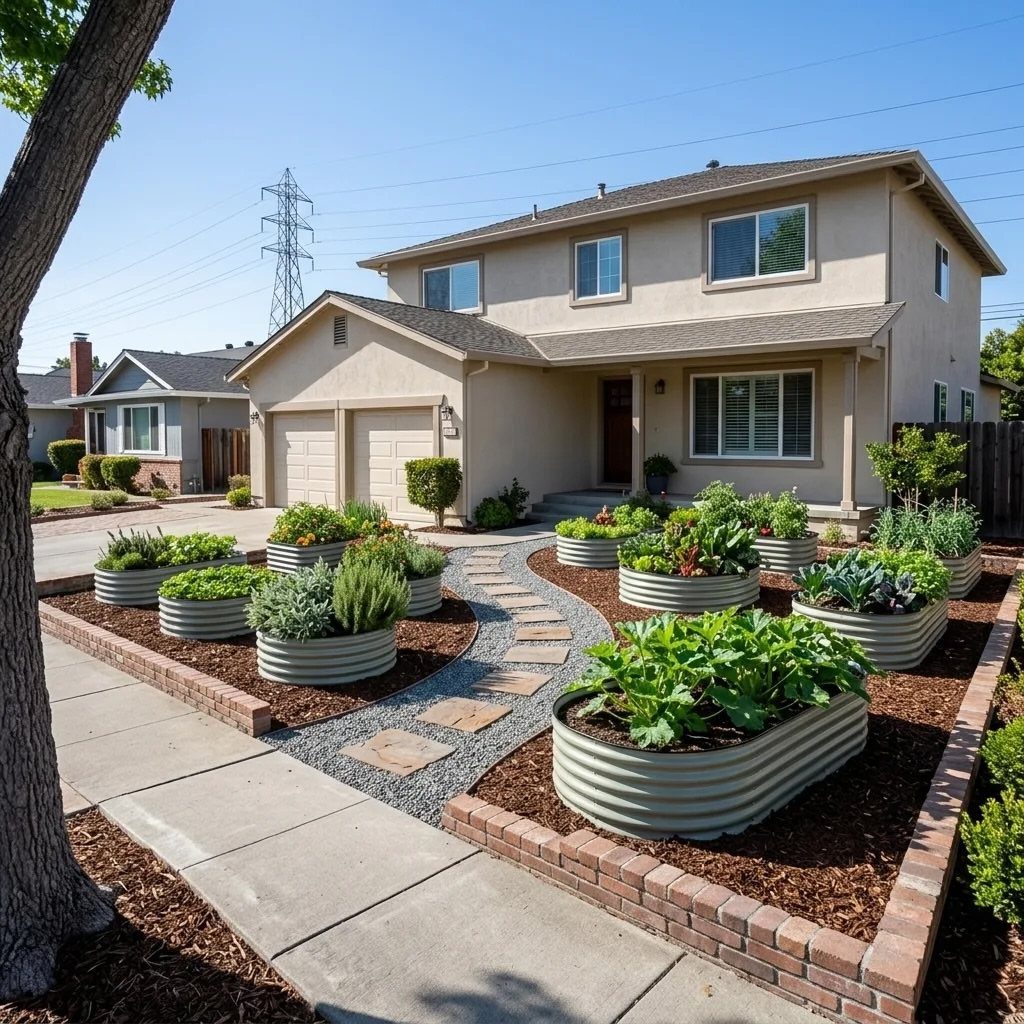 16 Front Lawn Landscaping Ideas for Curb Appeal 12 Corrugated metal raised garden beds filled with lush green plants in a landscaped front yard.