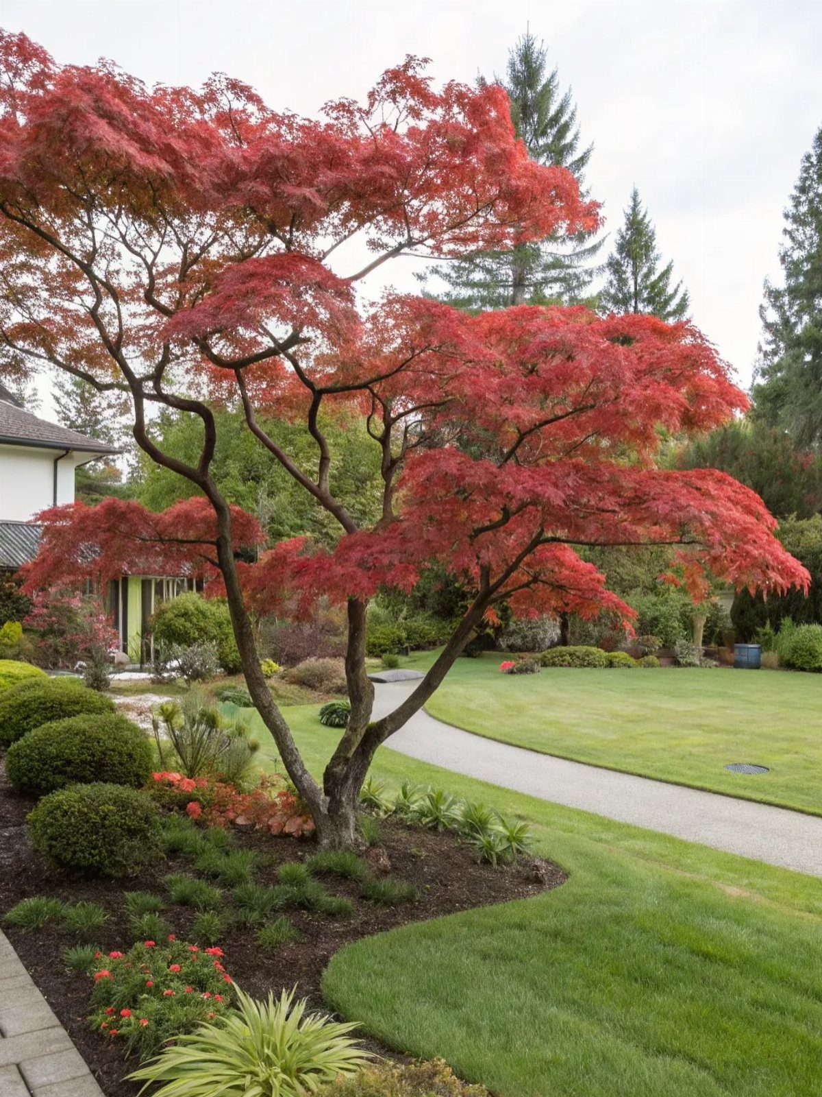 16 Front Lawn Landscaping Ideas for Curb Appeal 16 Red Japanese maple tree centered in a landscaped front yard with green lawn and shrubs.