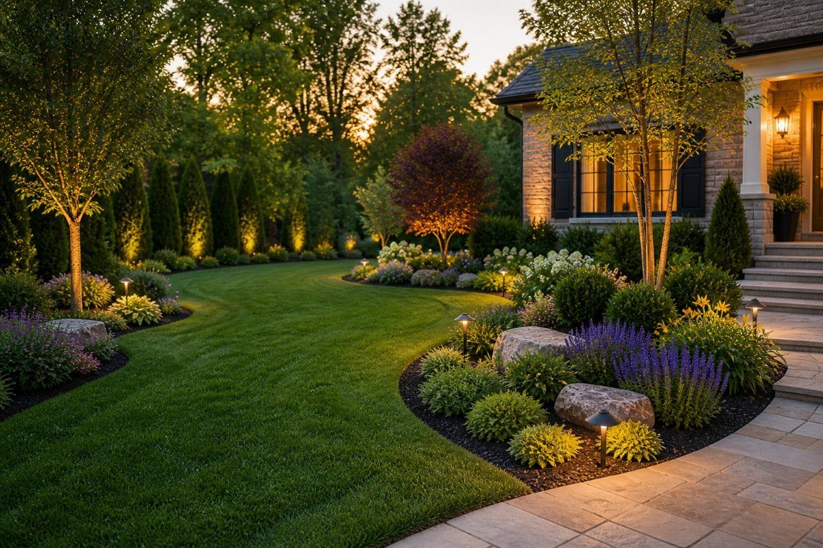 16 Front Lawn Landscaping Ideas for Curb Appeal 7 Manicured green lawn with illuminated garden beds, shrubs, and ornamental trees near a stone house.