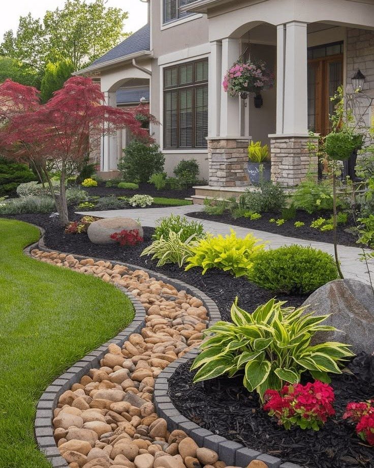 16 Front Lawn Landscaping Ideas for Curb Appeal 6 A landscaped front yard with a winding river rock path, green lawn, and ornamental plants.