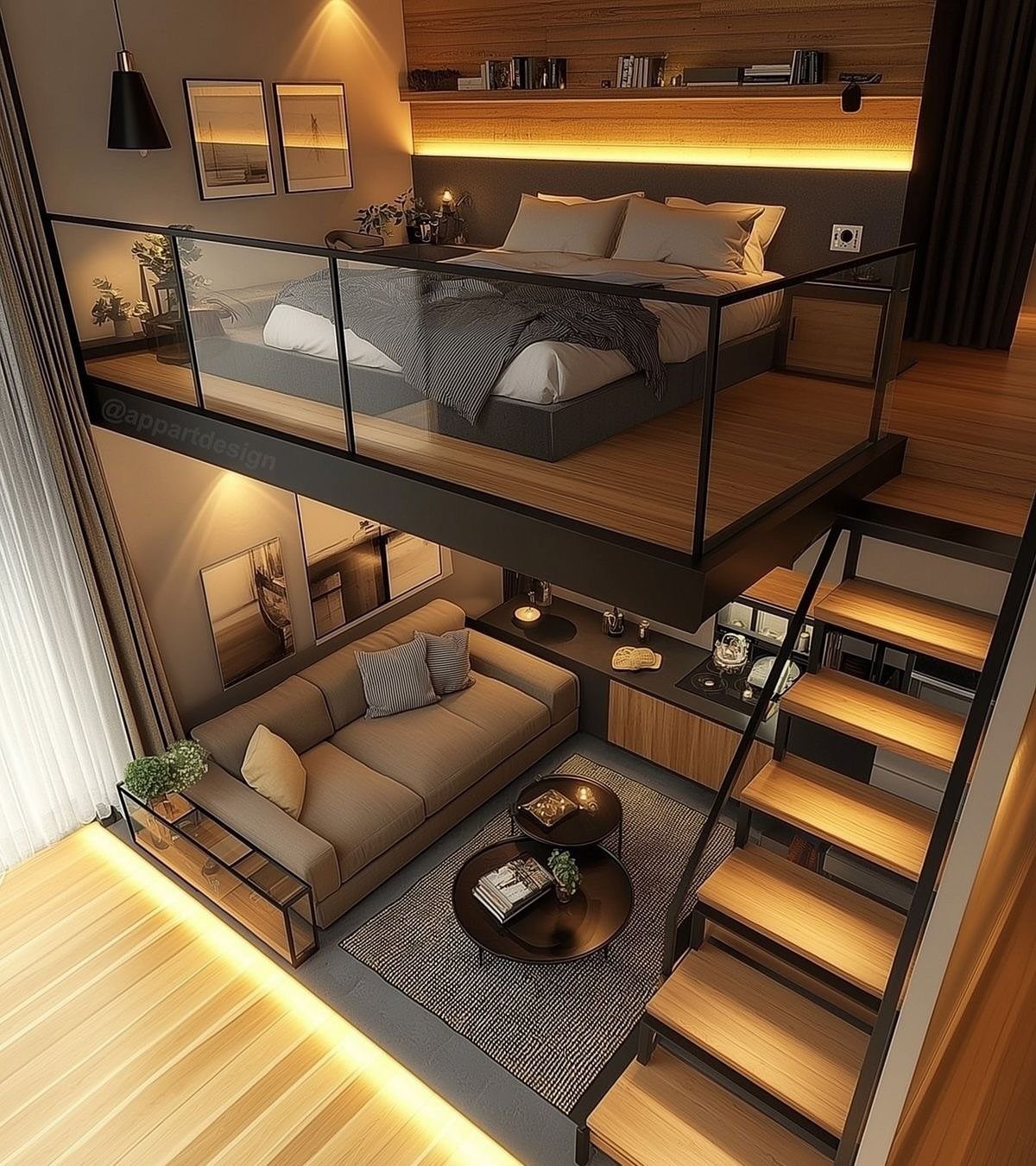 Garage to Bedroom Ideas: 7 Layouts Worth the Conversion Work 1 A modern lofted bedroom layout with a bed on a mezzanine level above a living room.