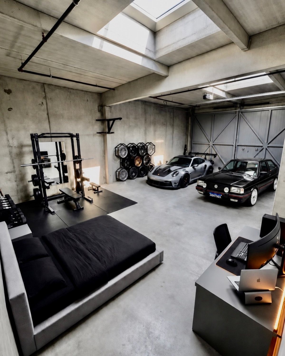 Garage to Bedroom Ideas: 7 Layouts Worth the Conversion Work 7 A modern concrete garage containing a bed, gym equipment, a desk, and two luxury cars.