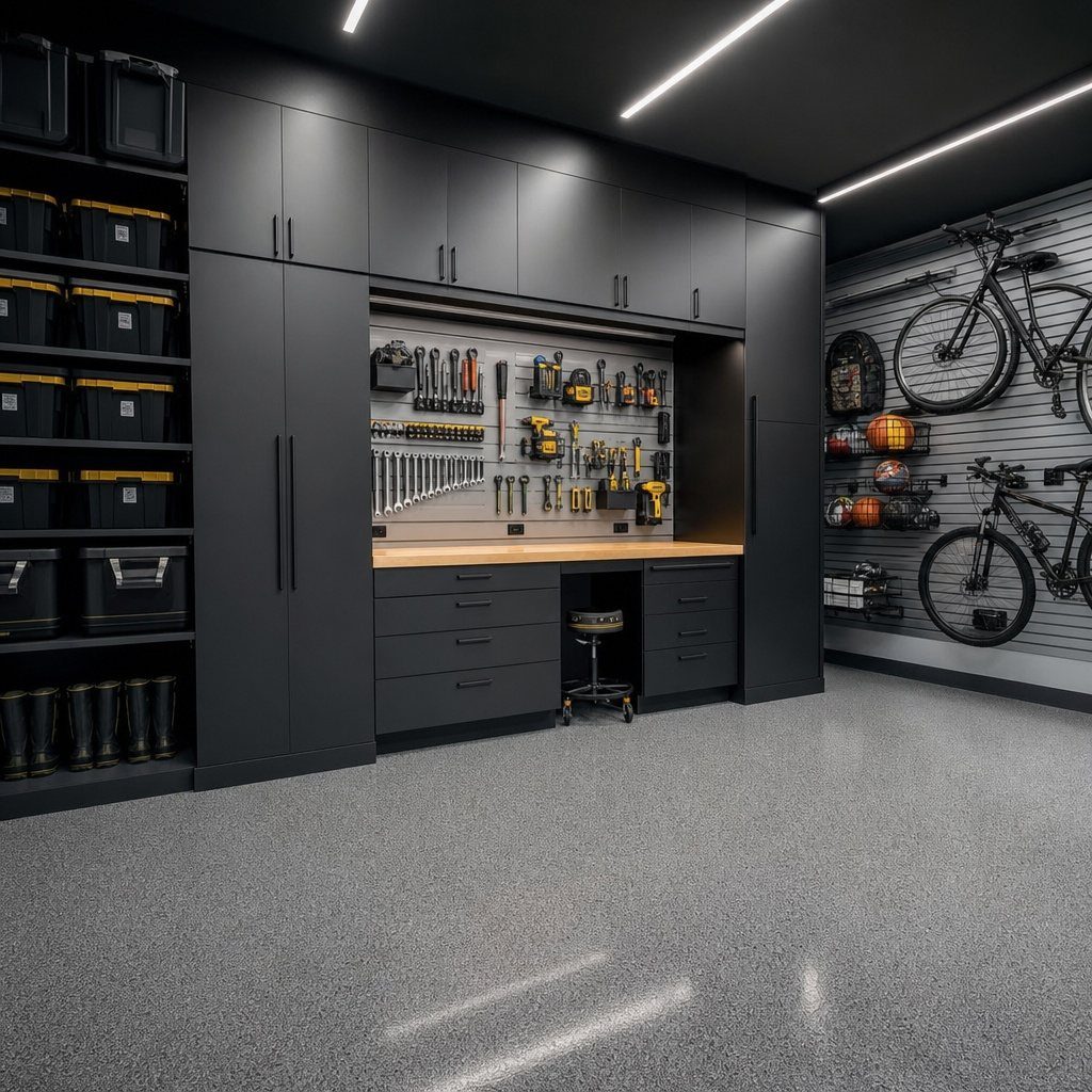 Garage Workbench Ideas: 11 Builds from IKEA Hacks to Heavy-Duty 3 Dark grey garage cabinetry with a built-in wooden workbench and organized tool storage system.