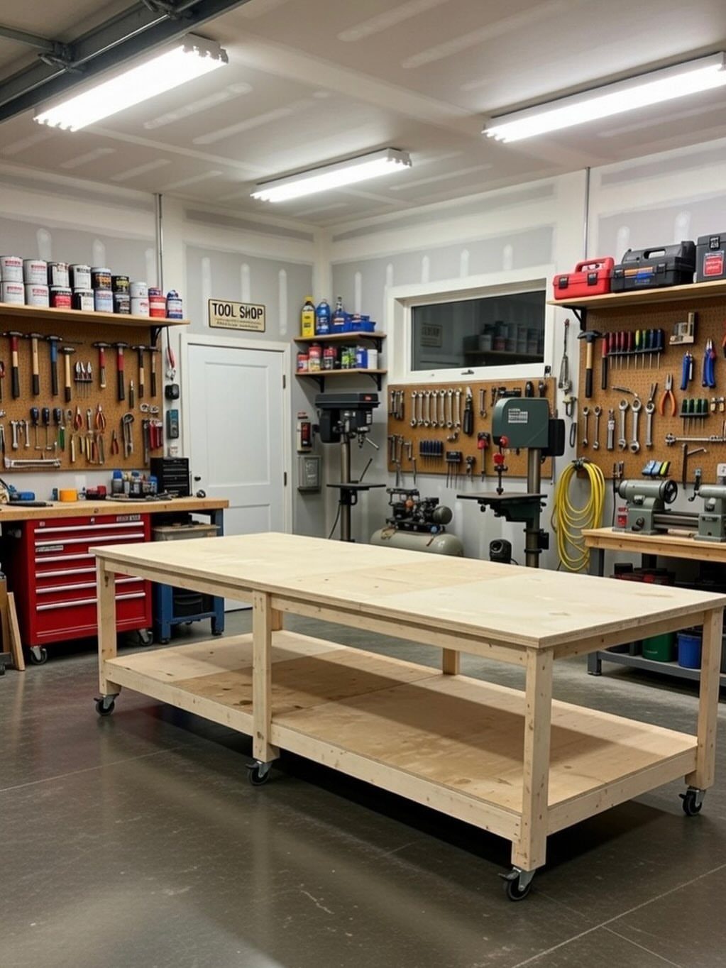 Garage Workbench Ideas: 11 Builds from IKEA Hacks to Heavy-Duty 2 A large wooden workbench on casters positioned in the center of a organized garage workshop.