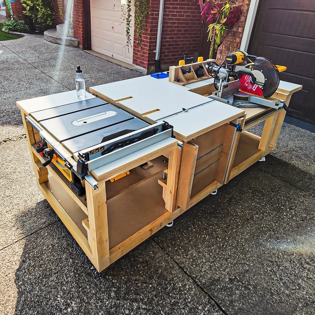 Garage Workbench Ideas: 11 Builds from IKEA Hacks to Heavy-Duty 9 A custom wooden workbench featuring an integrated table saw and a miter saw on a driveway.