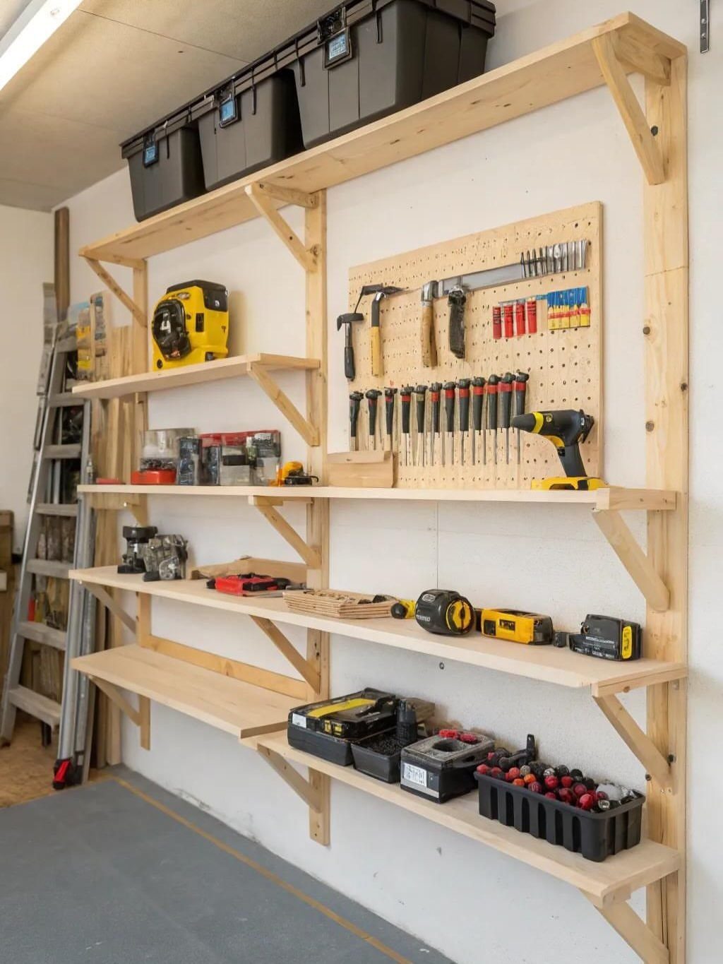 Wooden shelves mounted on a white wall holding various power tools and storage bins.