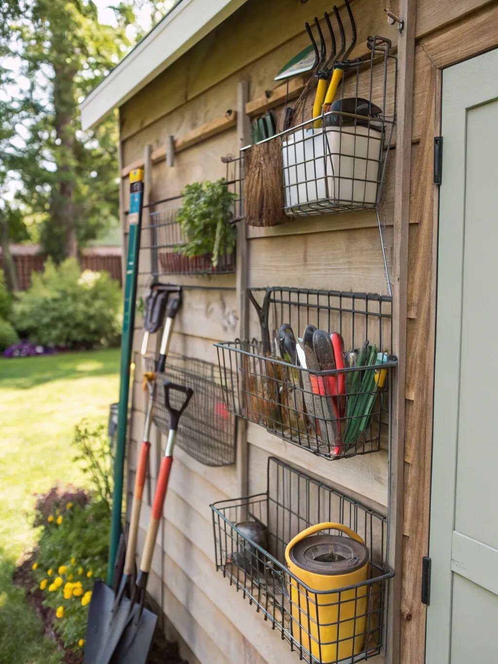 Garden tools organized in black wire baskets hanging on the wooden wall of a garden shed.
