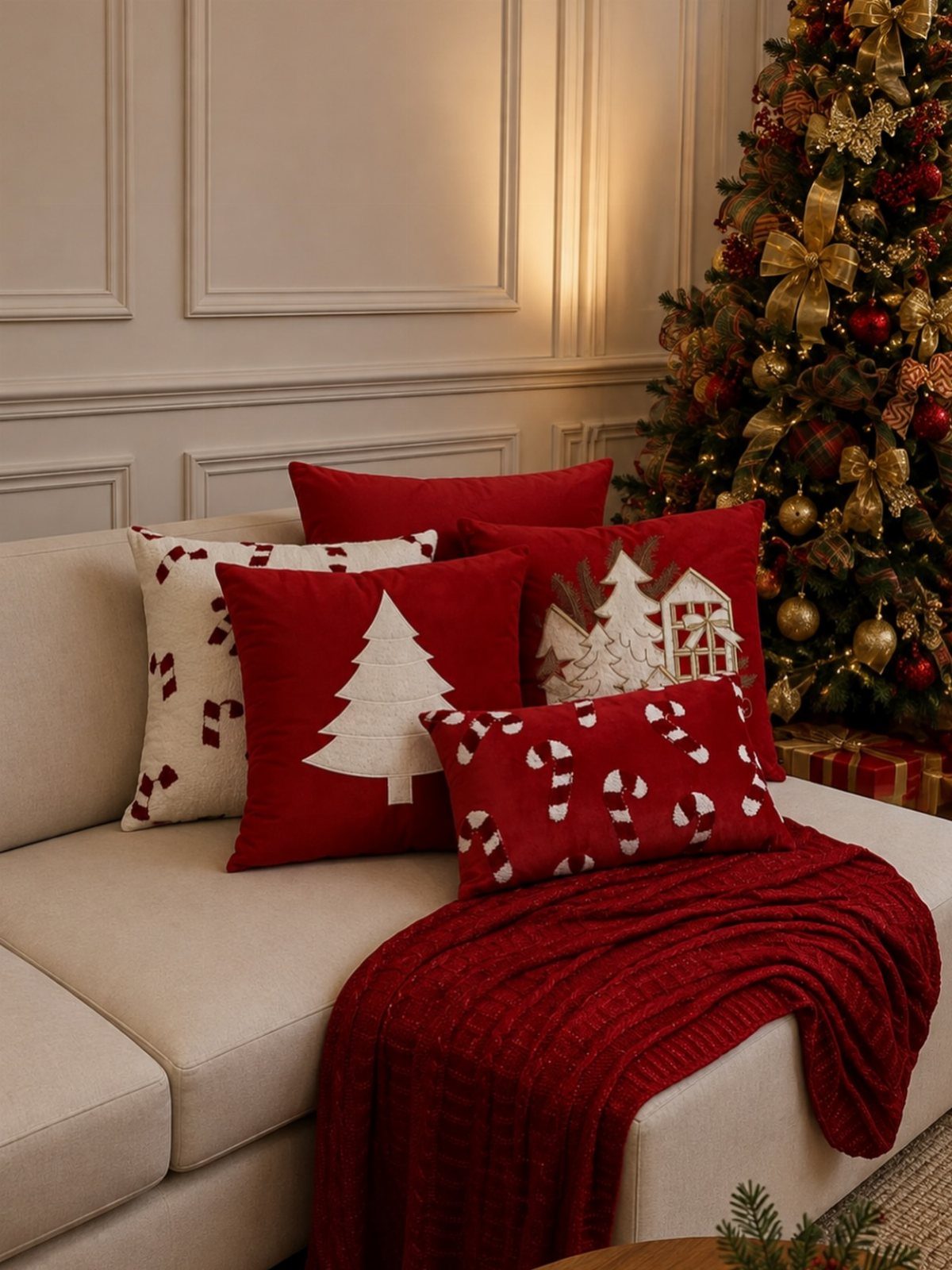 Festive red and white Christmas pillows arranged on a cream sofa near a decorated tree.