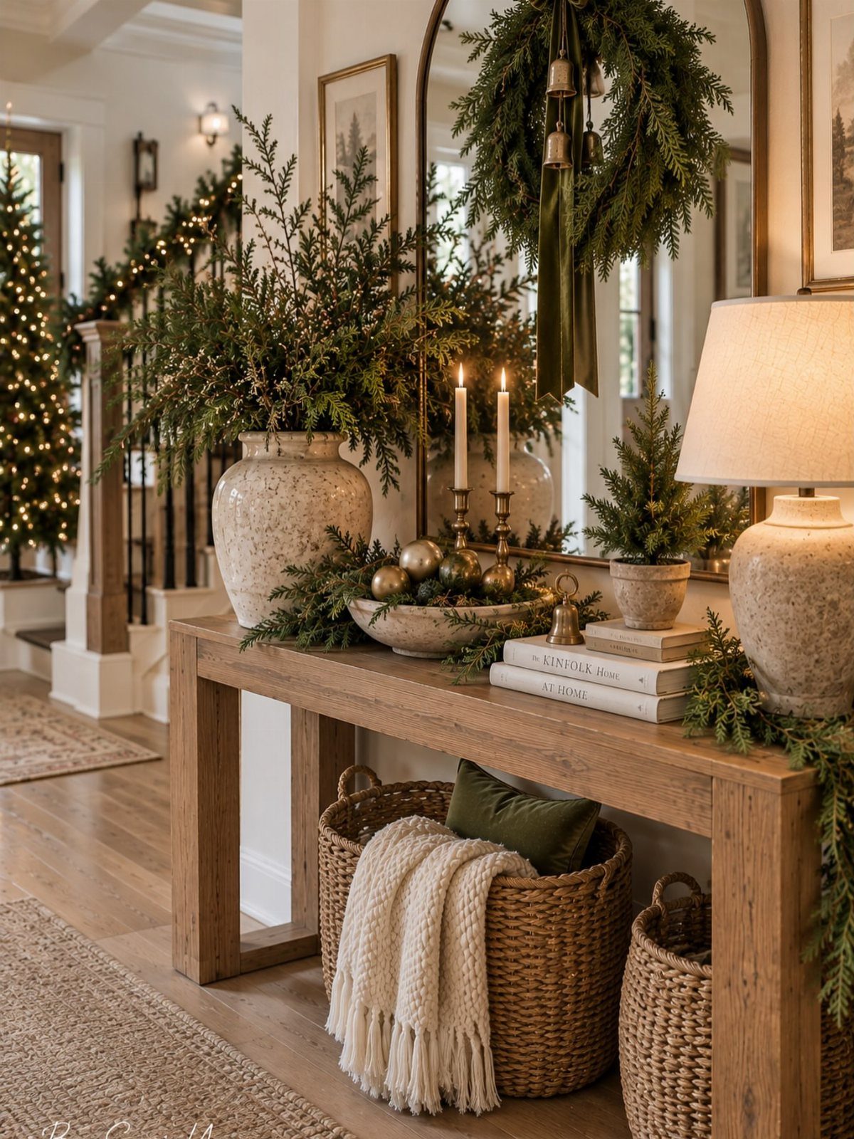 Evergreen boughs and gold ornaments decorating a wooden console table in a bright home entryway.