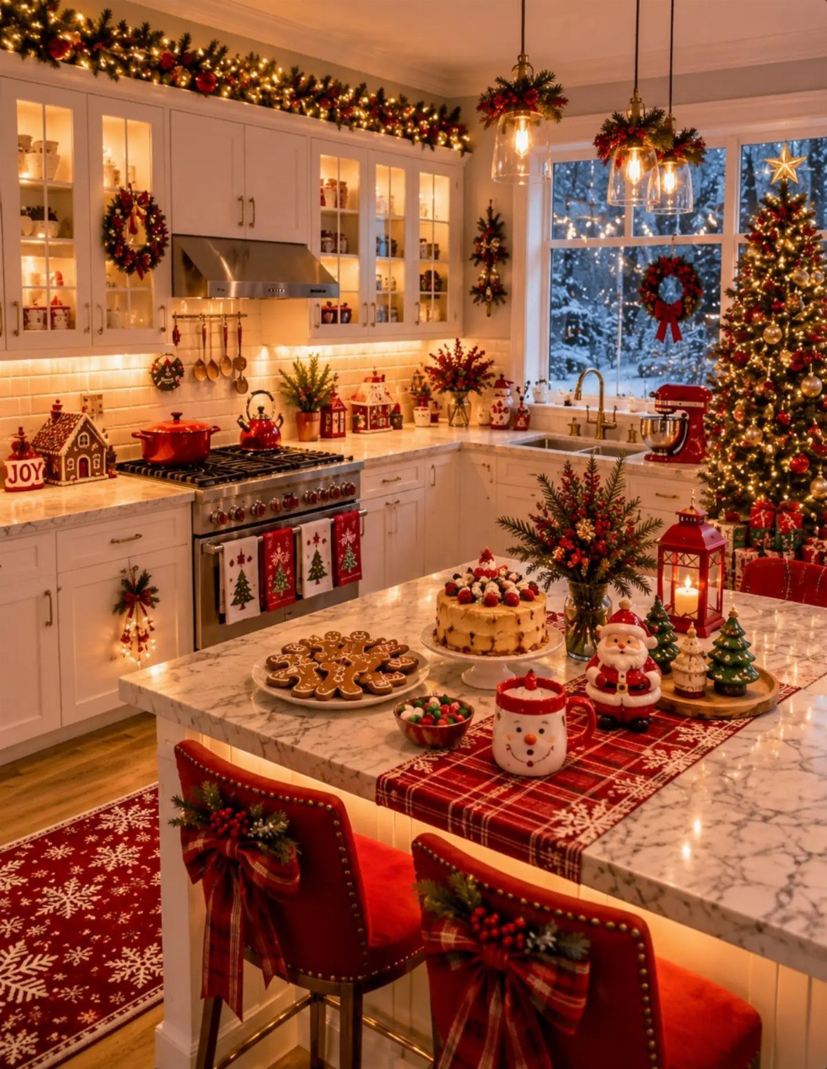 Christmas decorated kitchen featuring evergreen garlands, a lit tree, and festive holiday treats on a marble island.
